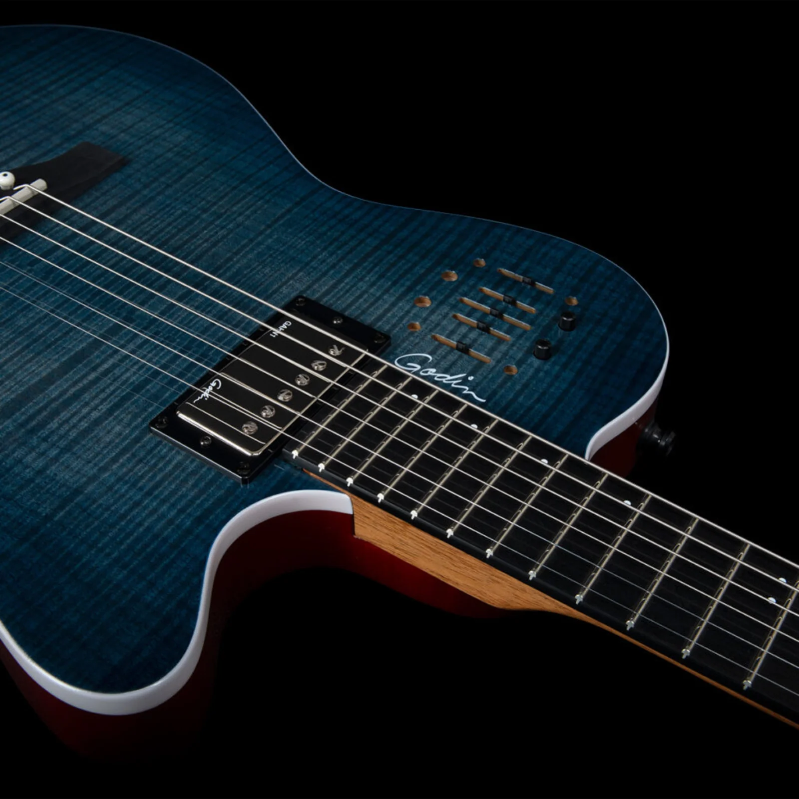 Godin A6 Ultra Semi-Acoustic Guitar – Denim Blue Flame - Image 6